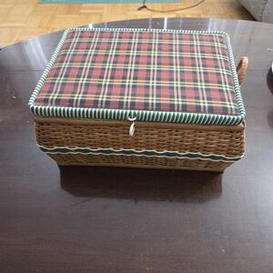 Vintage Wicker Sewing Basket with Red Plaid Lid